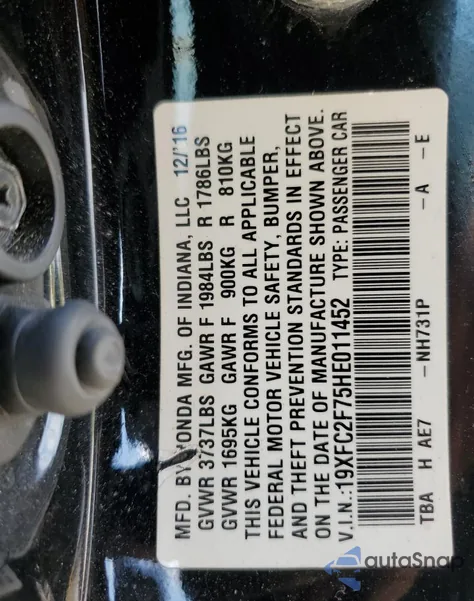 2017 Honda Civic Ex z USA, uszkodzony, nr VIN 19XFC2F75HE011452